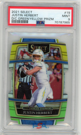2021 Select #19 Justin Herbert Die Cut Green Yellow Prizm PSA 9 PSA 9 MINT