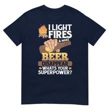 Load image into Gallery viewer, I Light Fires &amp; Make Beer Disappear - Funny Camping Short-Sleeve Unisex T-Shirt
